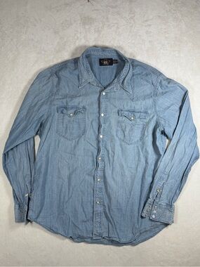 Ralph Lauren Double RL RRL Light Blue Denim Pearl Snap Western Chambray Shirt